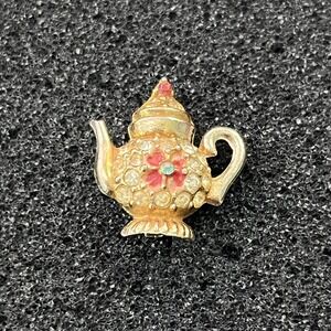 Rhinestone Coffee Pot Tea Pot Brooch Pin Gold Tone Signed CORO Small 3/4" Tall